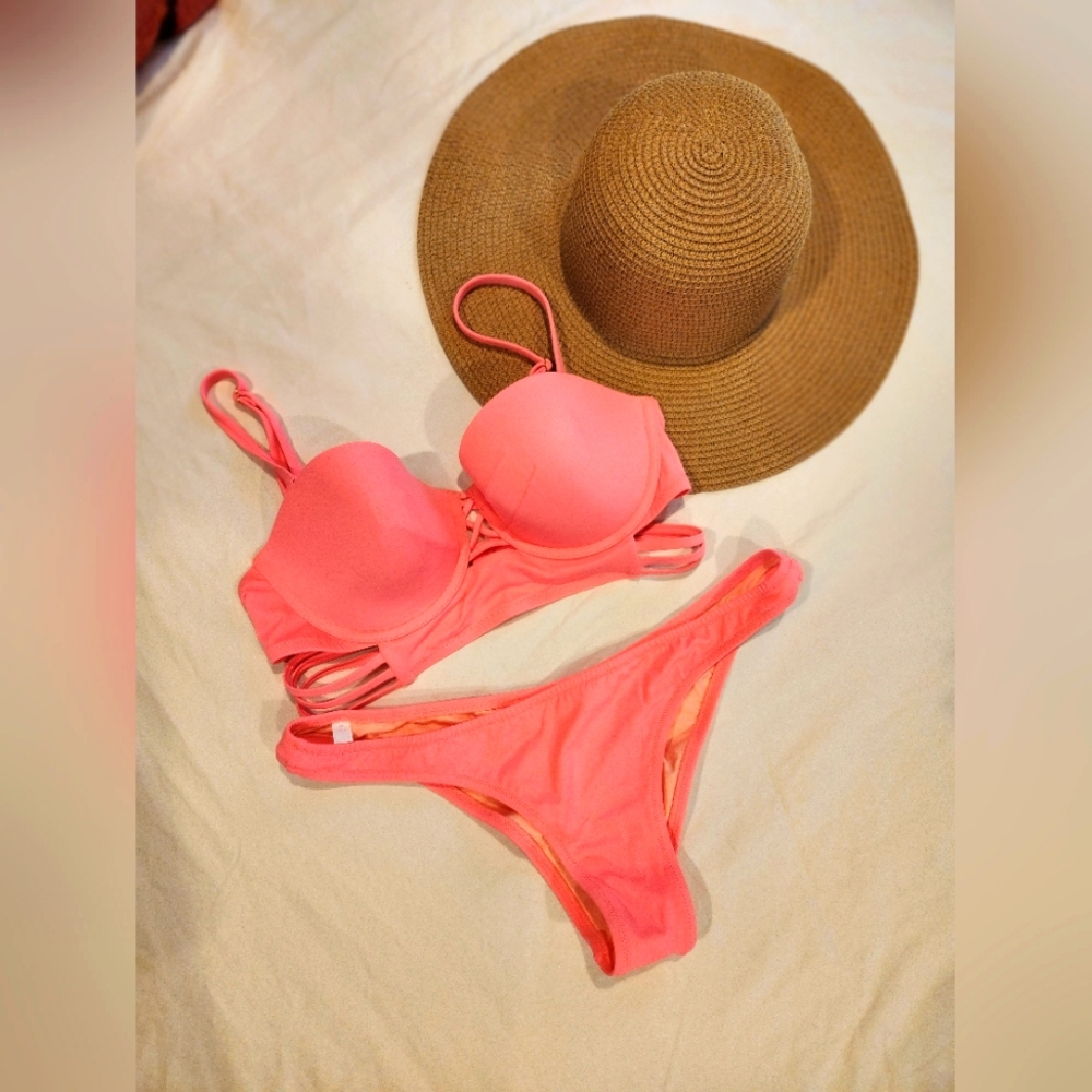 Victoria's Secret cheeky strappy two-piece bikini neon pink bathing suit